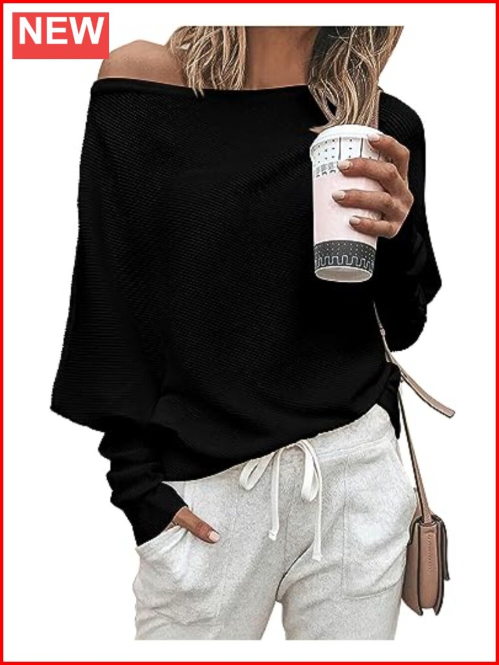 Off Shoulder Batwing Sleeve Knit Pullover Sweater Loose Fit